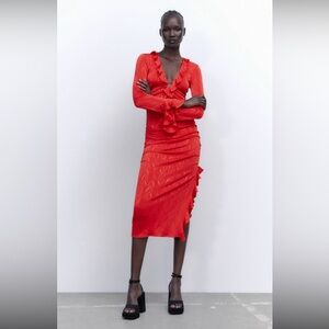 ZARA JACQUARD RUFFLED RED DRESS size S